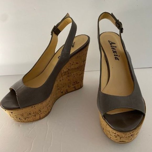 Alexia Leather Slingback On Cork Covered Wedge Heel Gray 38 Made in Italy - Picture 5 of 7